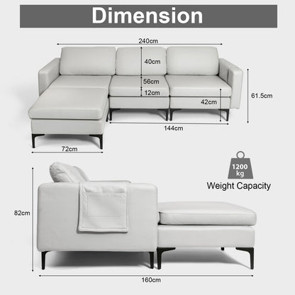 Modern Luxury Modular L-Shaped Sofa with Chaise, Reversible Ottoman, Built-In Socket