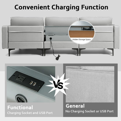 Modern Luxury Modular L-Shaped Sofa with Chaise, Reversible Ottoman, Built-In Socket