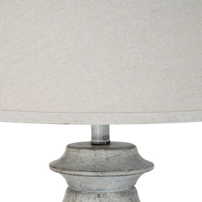Close-up of a lamp with a textured base and light gray fabric shade on a white background
