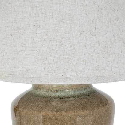 Close-up of a textured lampshade on a ceramic base
