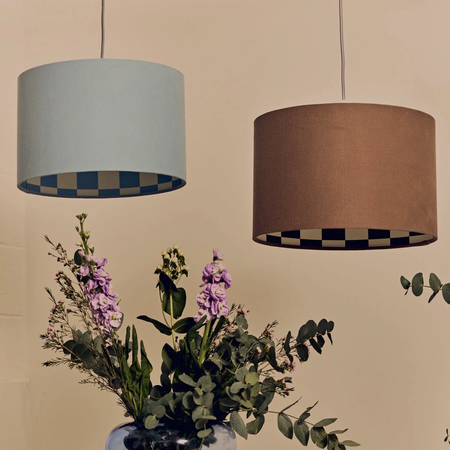 Bark brown check lined drum shade - BlissVeranda