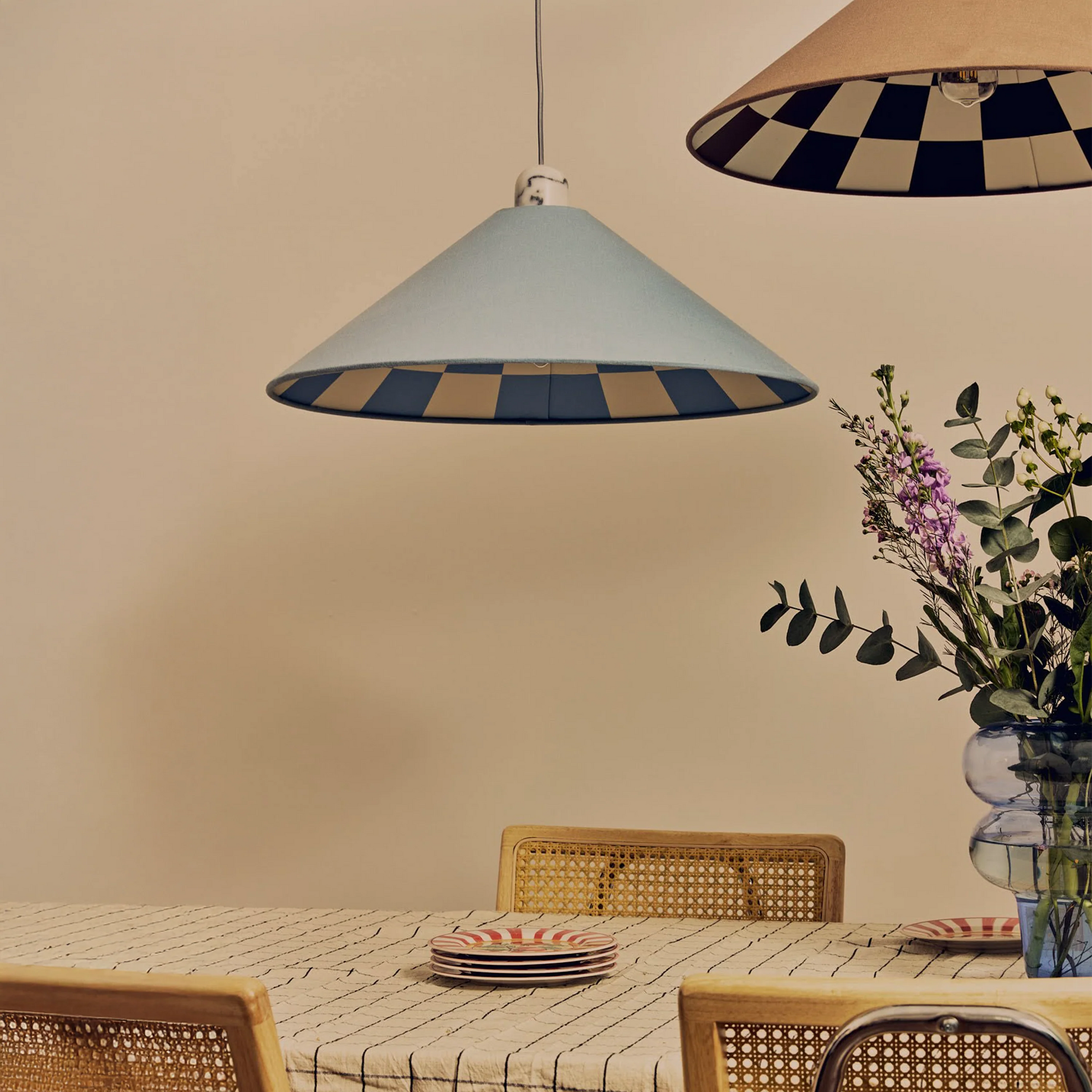 Damson blue check lined cone shade - BlissVeranda