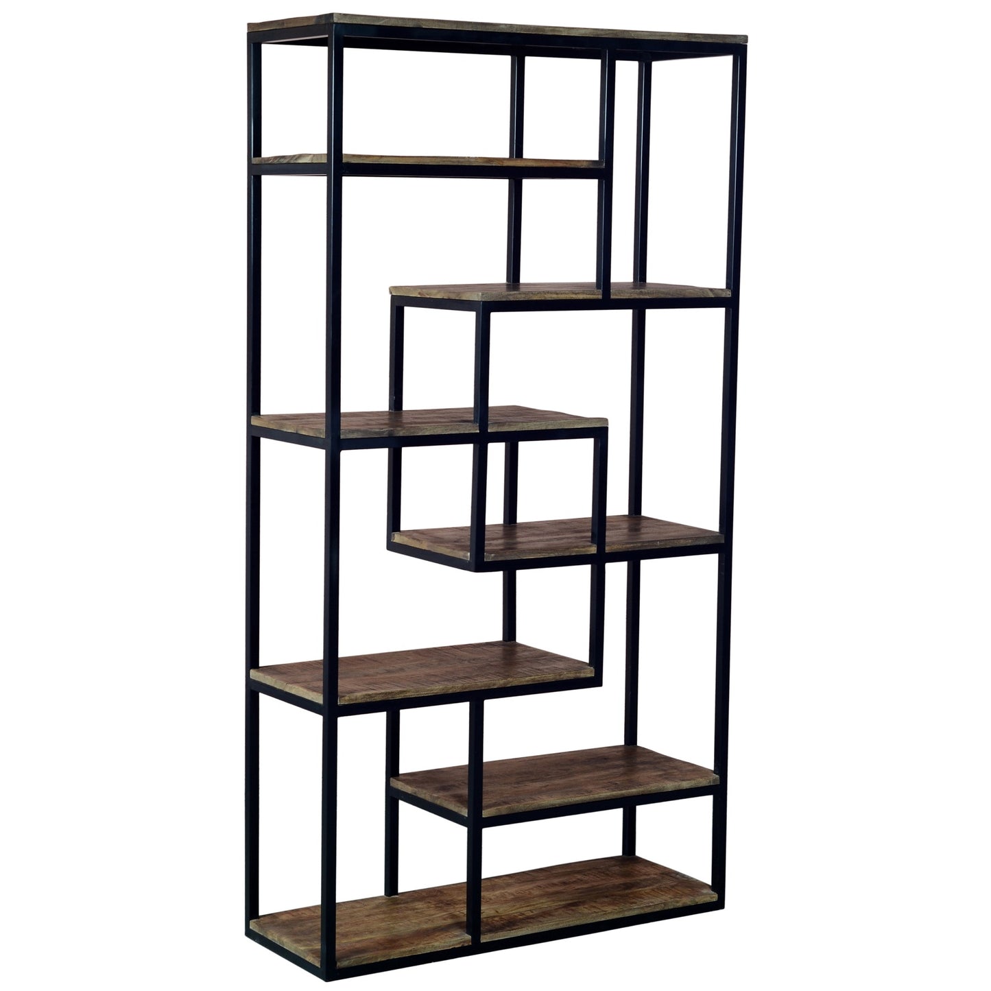 Bookshelf with brown shelves and black metal frame on a white background