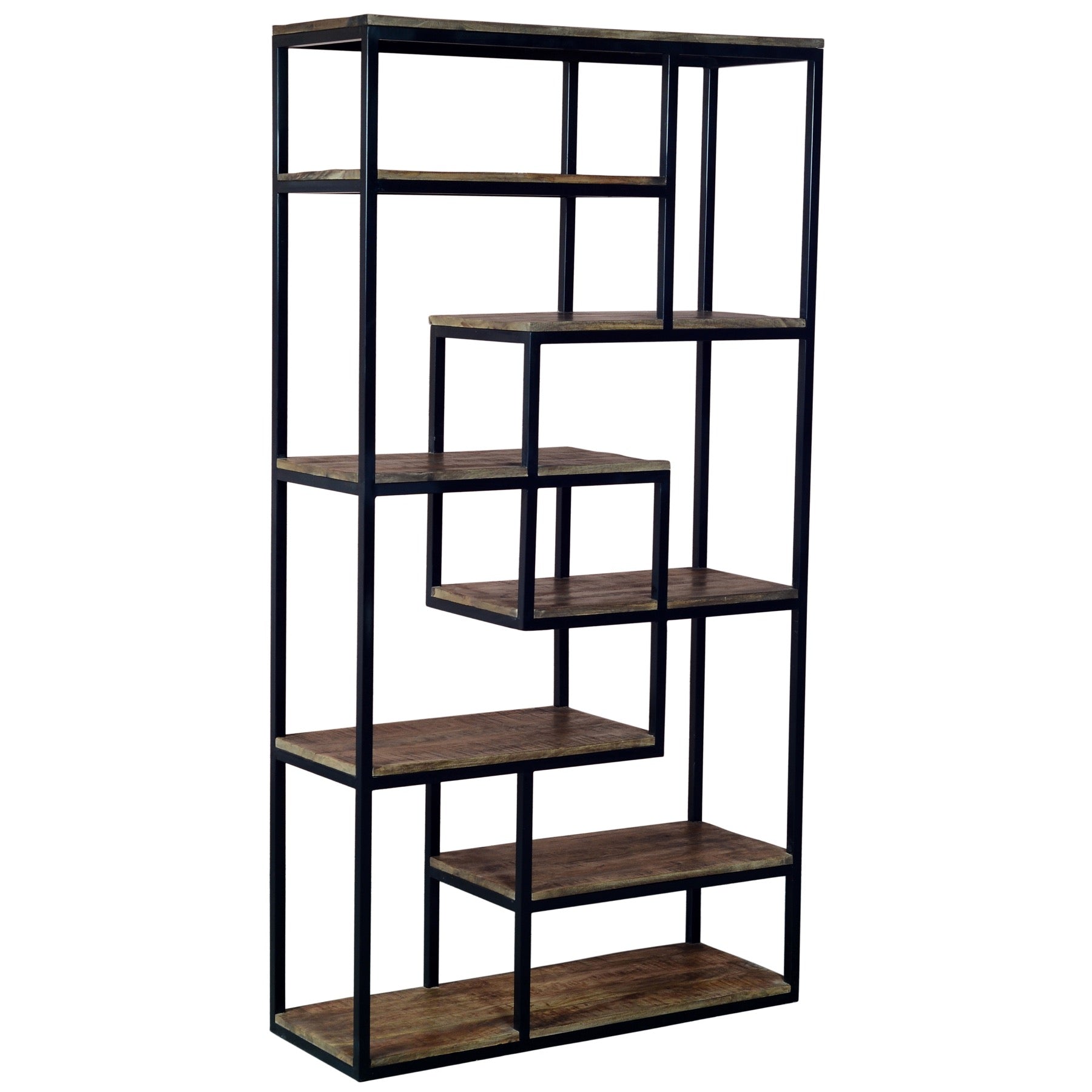 Bookshelf with brown shelves and black metal frame on a white background