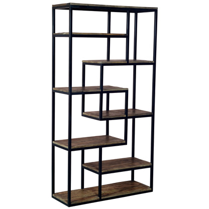 Bookshelf with brown shelves and black metal frame on a white background