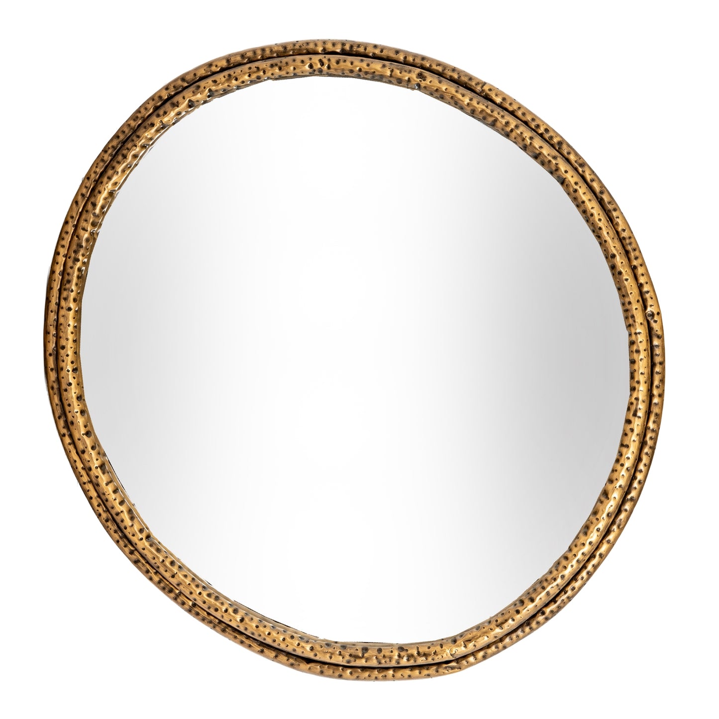 Round mirror with a textured gold frame on a white background