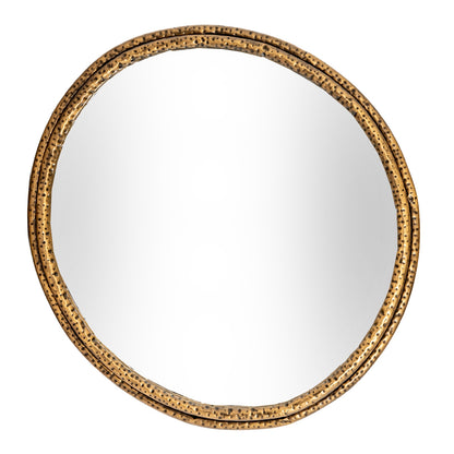 Round mirror with a textured gold frame on a white background
