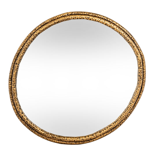 Round mirror with a gold frame on a white background