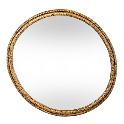 Round mirror with a gold frame on a white background