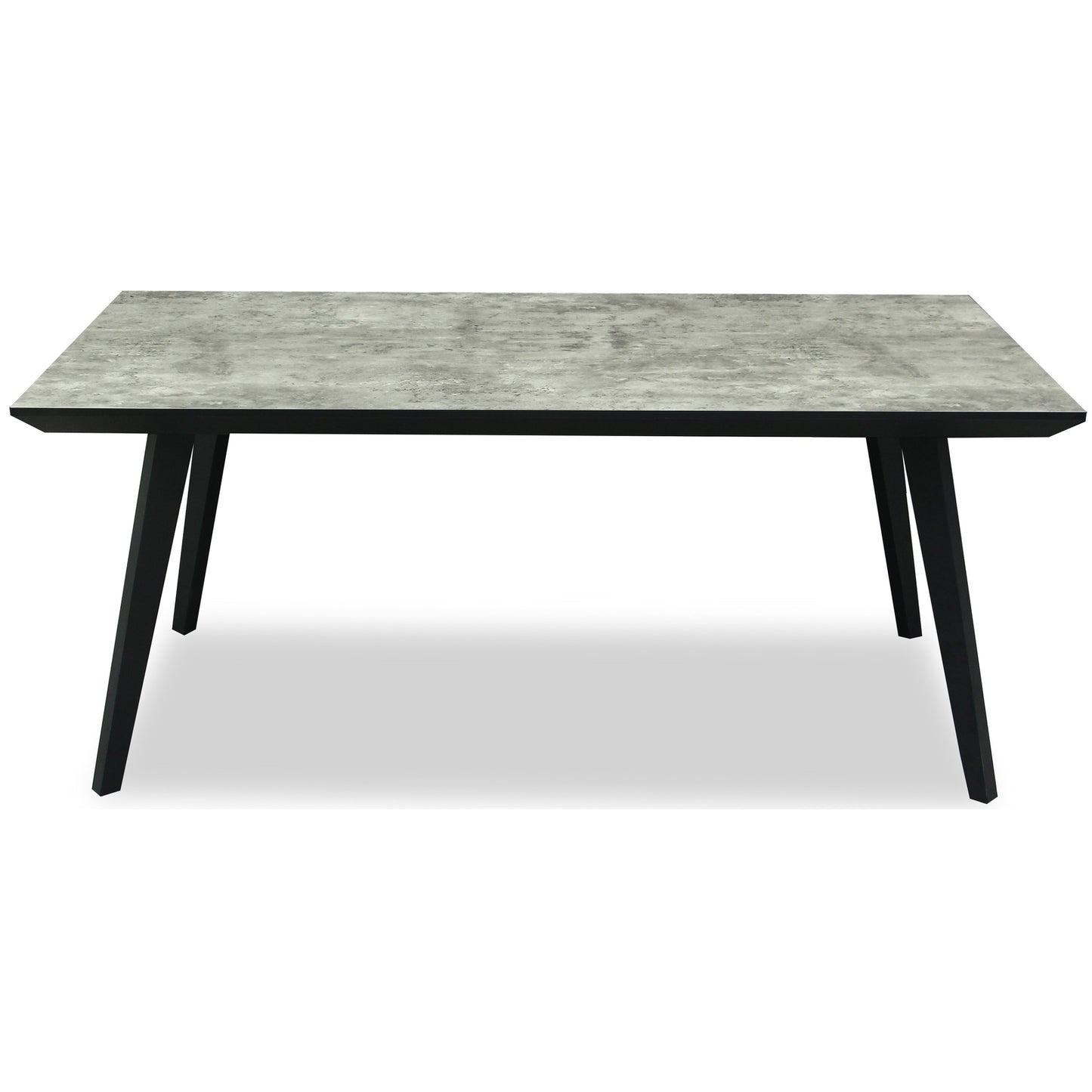 Rectangular table with gray marble-like top and black legs on a white background