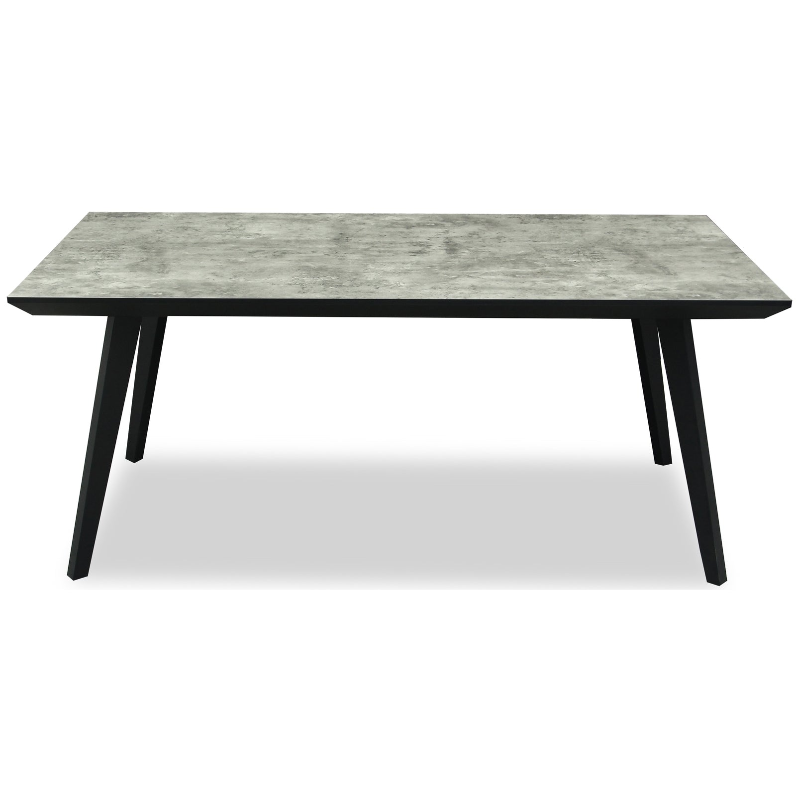 Rectangular table with gray marble-like top and black legs on a white background