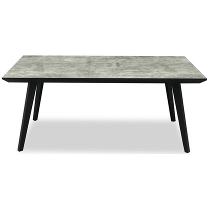 Rectangular table with gray marble-like top and black legs on a white background