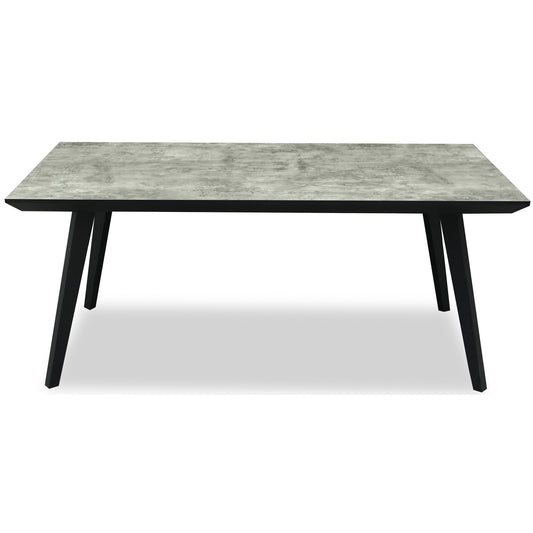 Rectangular table with gray marble-like top and black legs on a white background