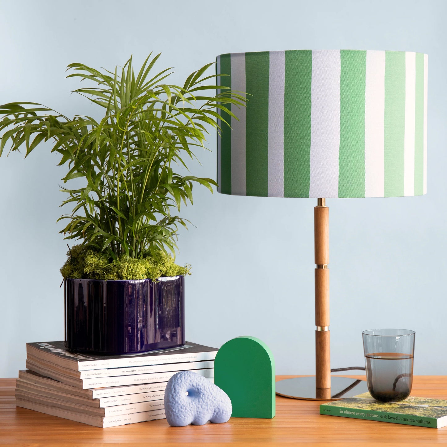 Pool blue & olive green striped drum shade  Printed shade BlissVeranda