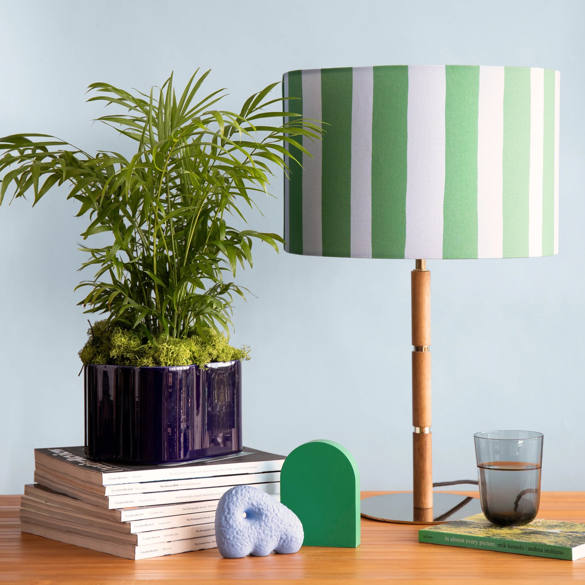 Pool blue & olive green striped drum shade  Printed shade BlissVeranda