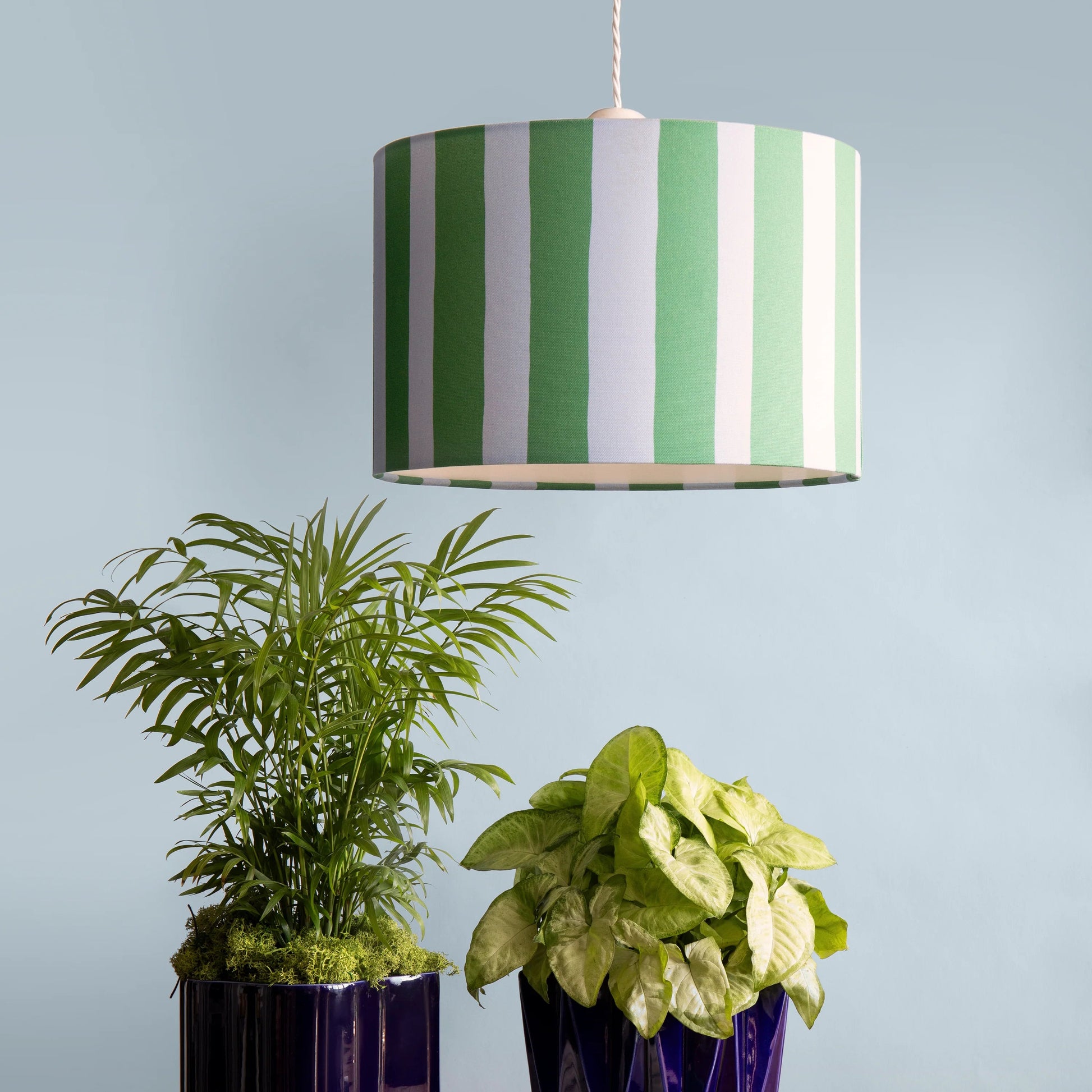 Pool blue & olive green striped drum shade  Printed shade BlissVeranda