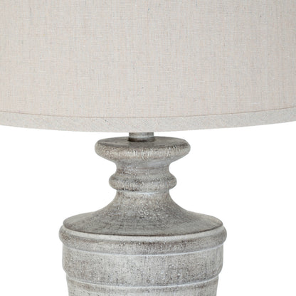 Close-up of a textured lamp base with a light gray shade on a white background
