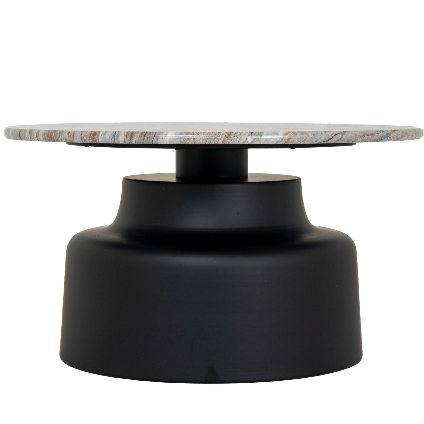 Round coffee table with marble top and black base on a white background
