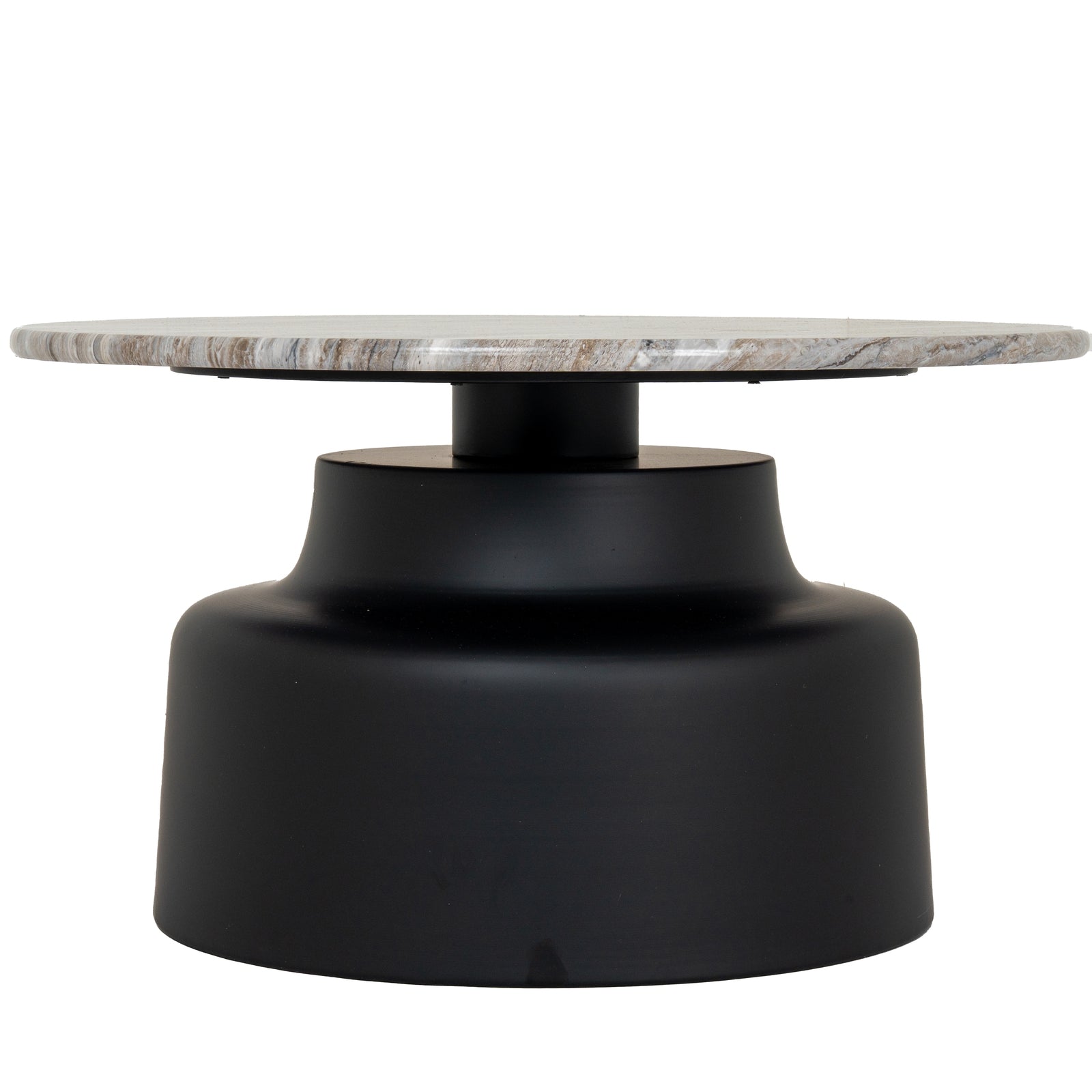 Round coffee table with marble top and black base on a white background