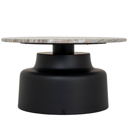 Round coffee table with marble top and black base on a white background