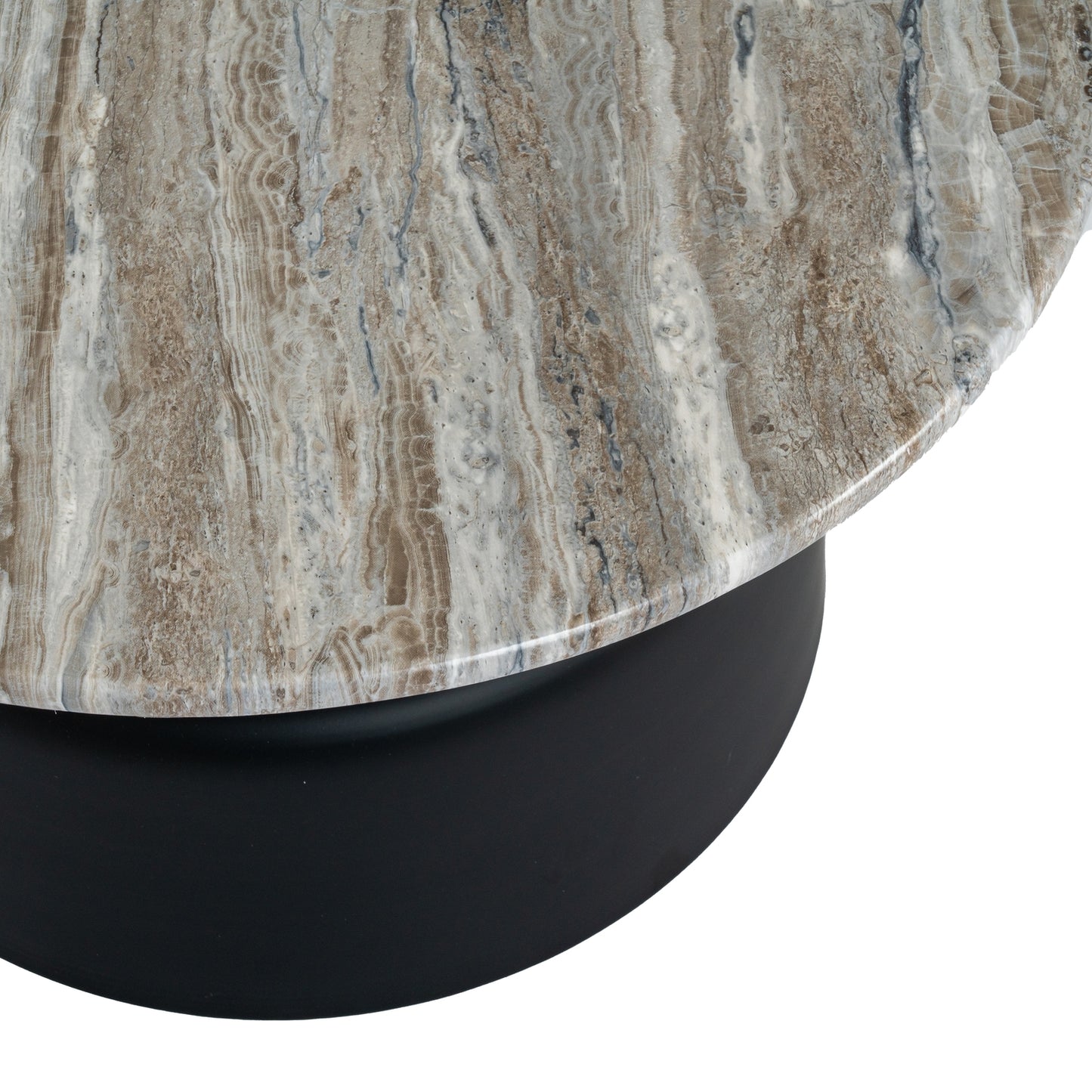 Close-up of a marble-patterned table top with a black base