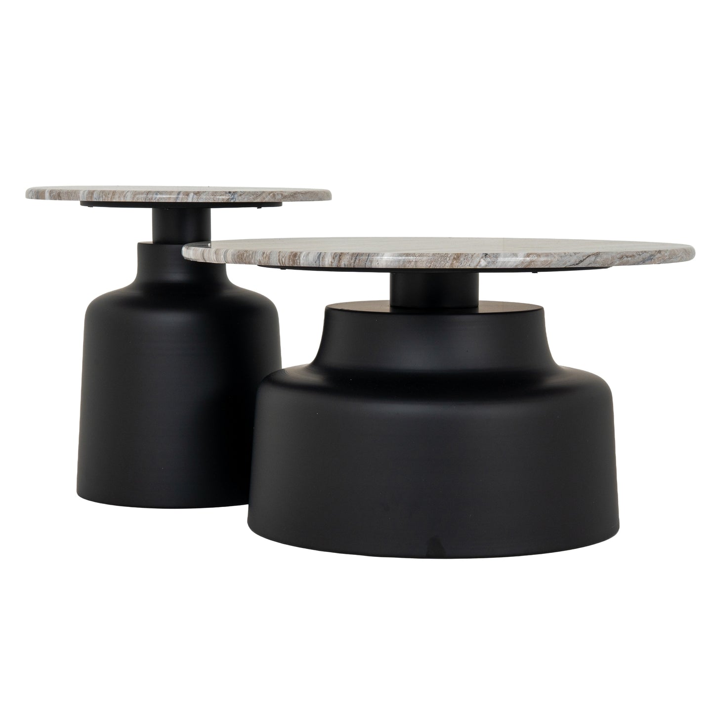 Two round tables with marble tops and black cylindrical bases on a white background