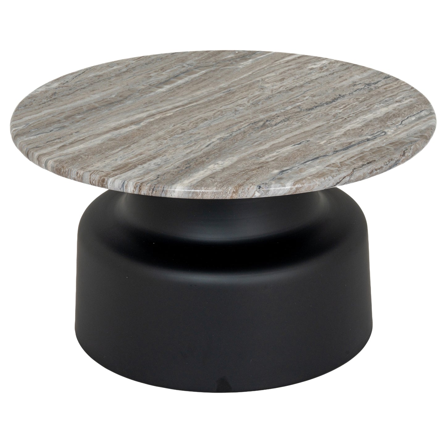 Round coffee table with marble top and black base on a white background