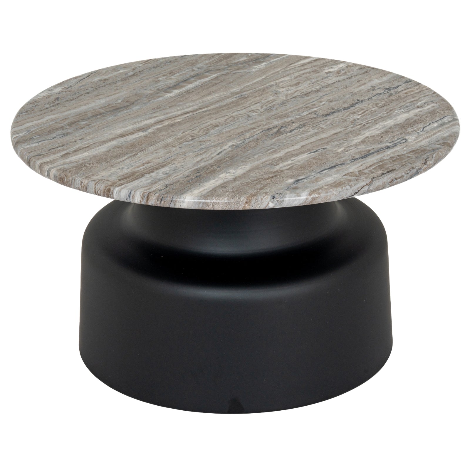 Round coffee table with marble top and black base on a white background