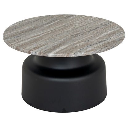Round coffee table with marble top and black base on a white background