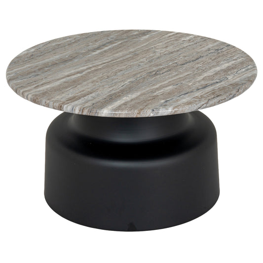 Round coffee table with marble top and black base on a white background