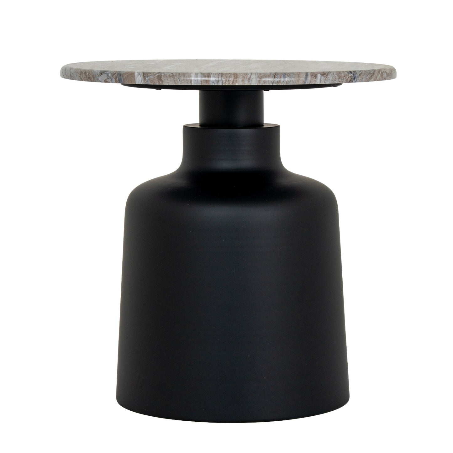 Black cylindrical table with a marble top on a white background