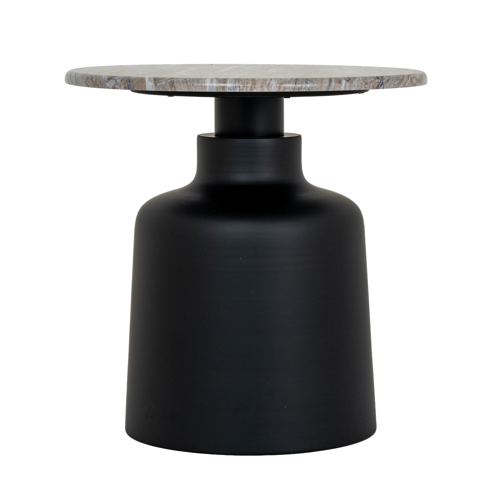 Black cylindrical table with a marble top on a white background