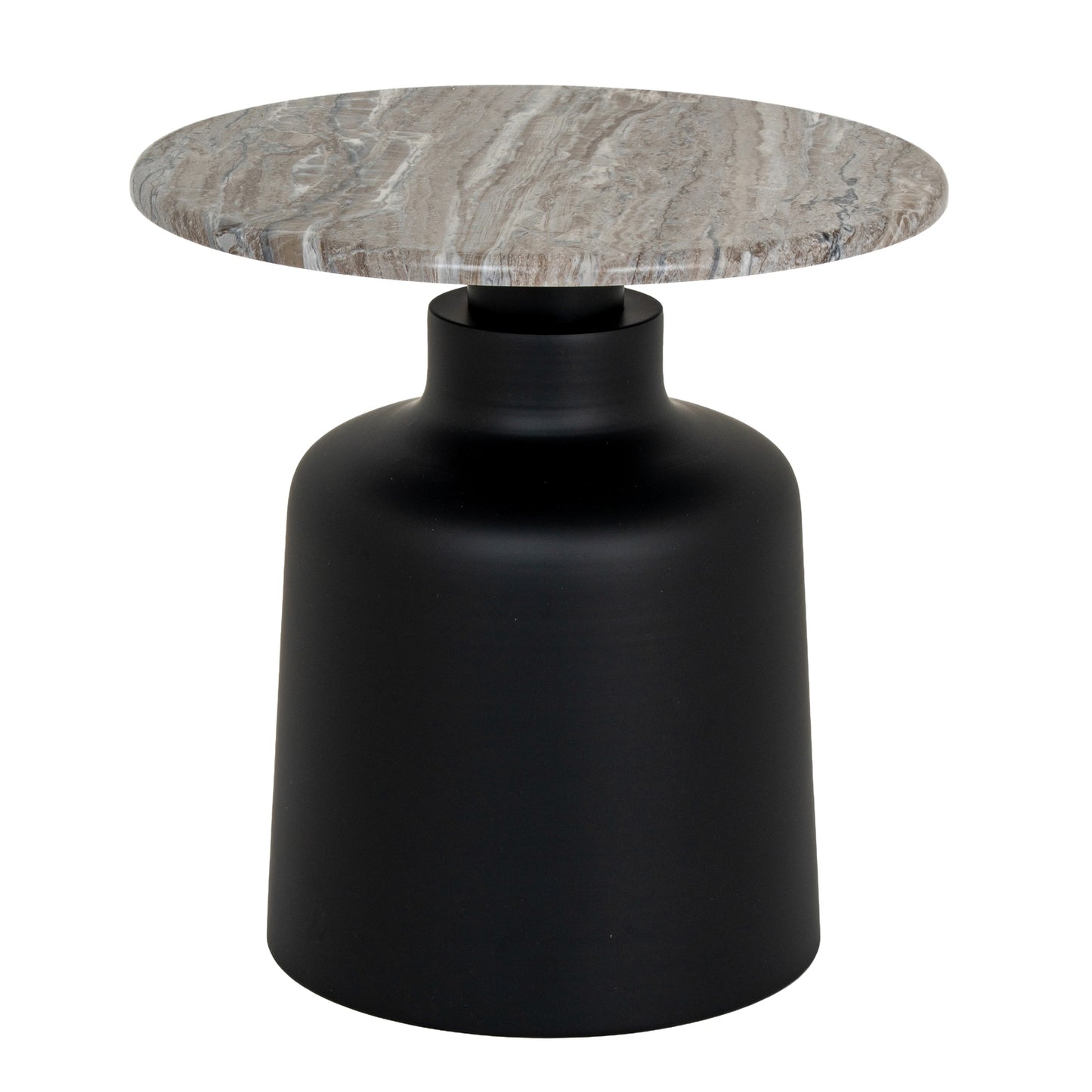 Side table with marble top and black cylindrical base on a white background