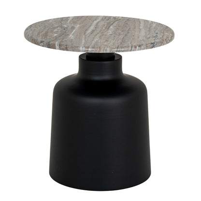 Side table with marble top and black cylindrical base on a white background