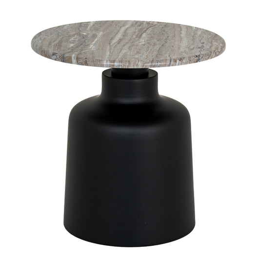 Side table with marble top and black cylindrical base on a white background