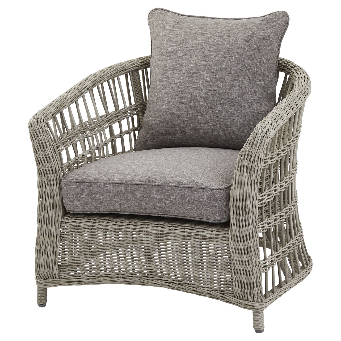 Wicker armchair with gray cushions on a white background