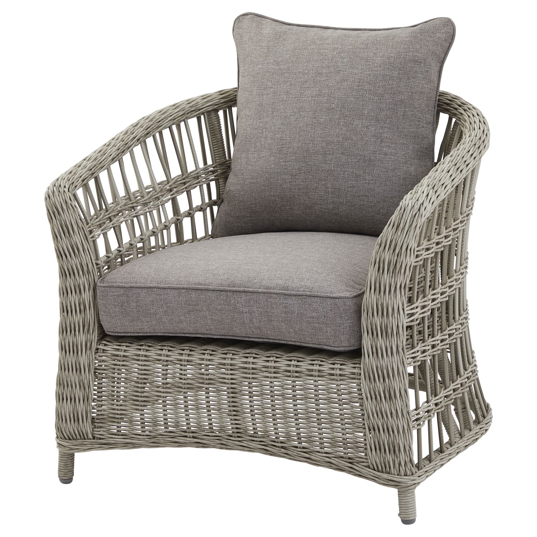 Wicker armchair with gray cushions on a white background