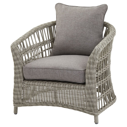 Wicker armchair with gray cushions on a white background