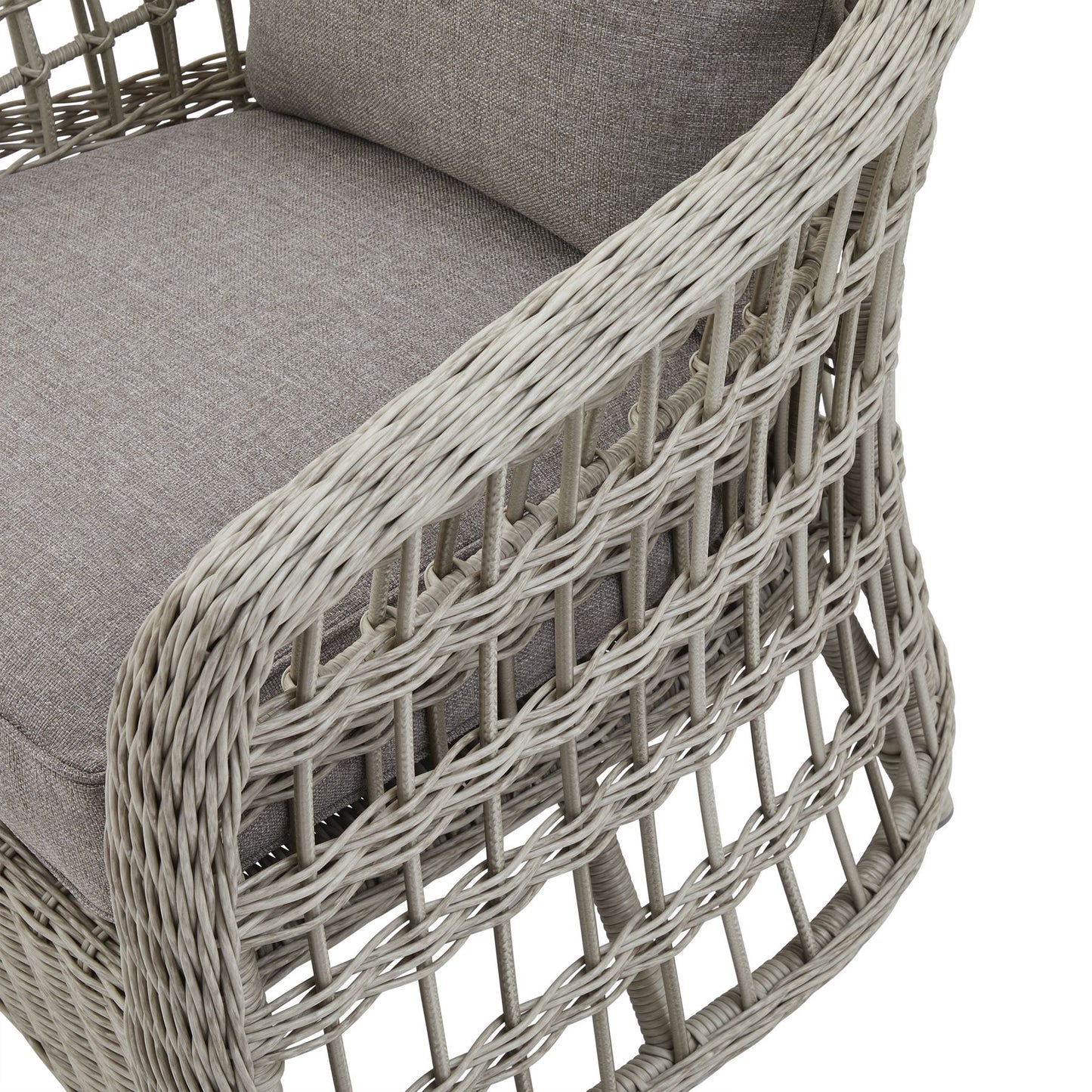Wicker chair with gray cushions on a white background