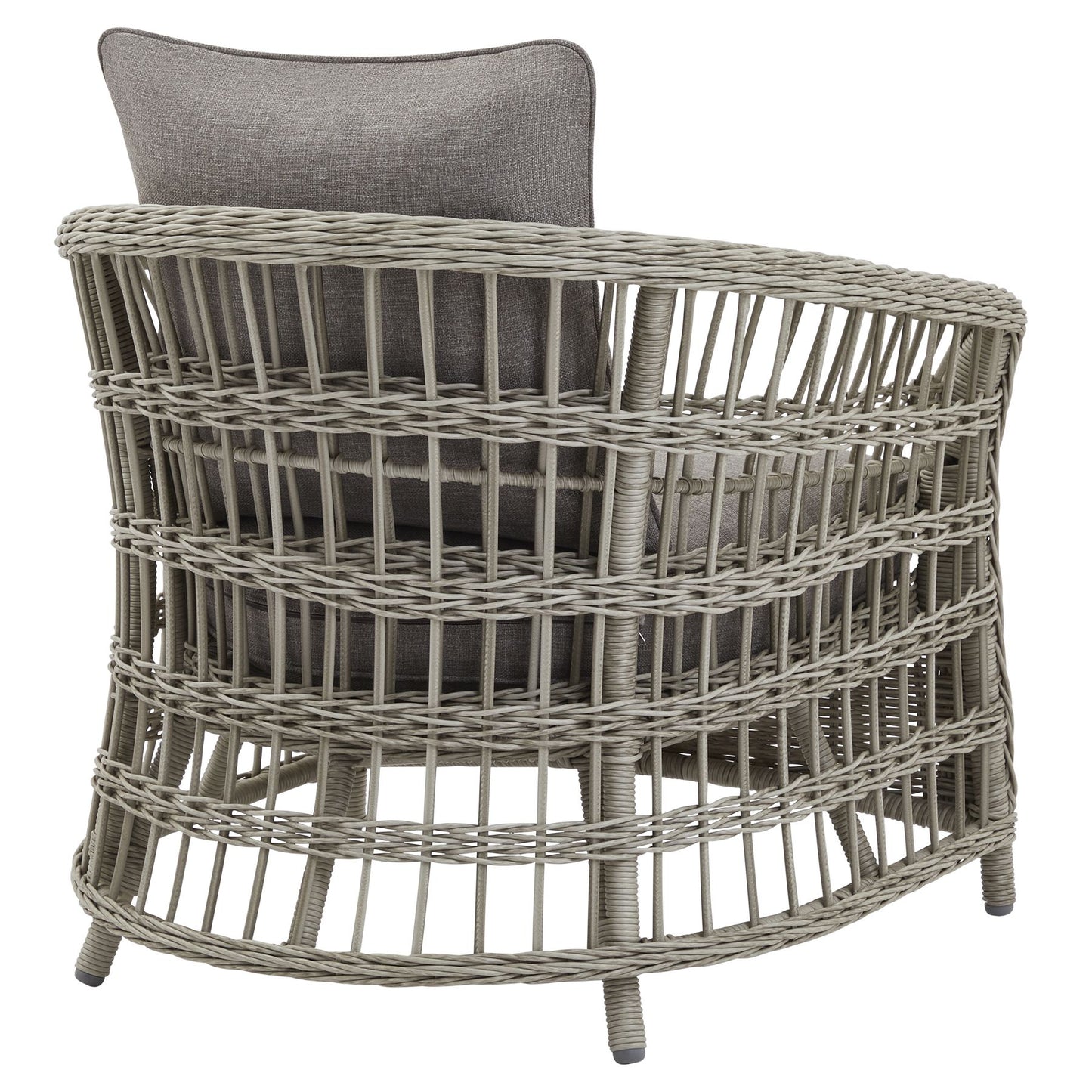 Wicker chair with a gray cushion on a white background