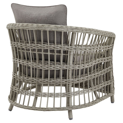 Wicker chair with a gray cushion on a white background