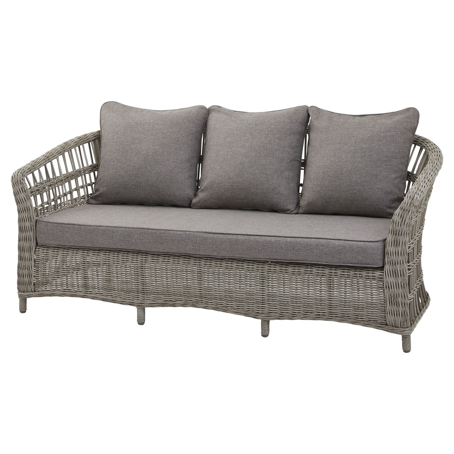 Wicker outdoor sofa with gray cushions on a white background