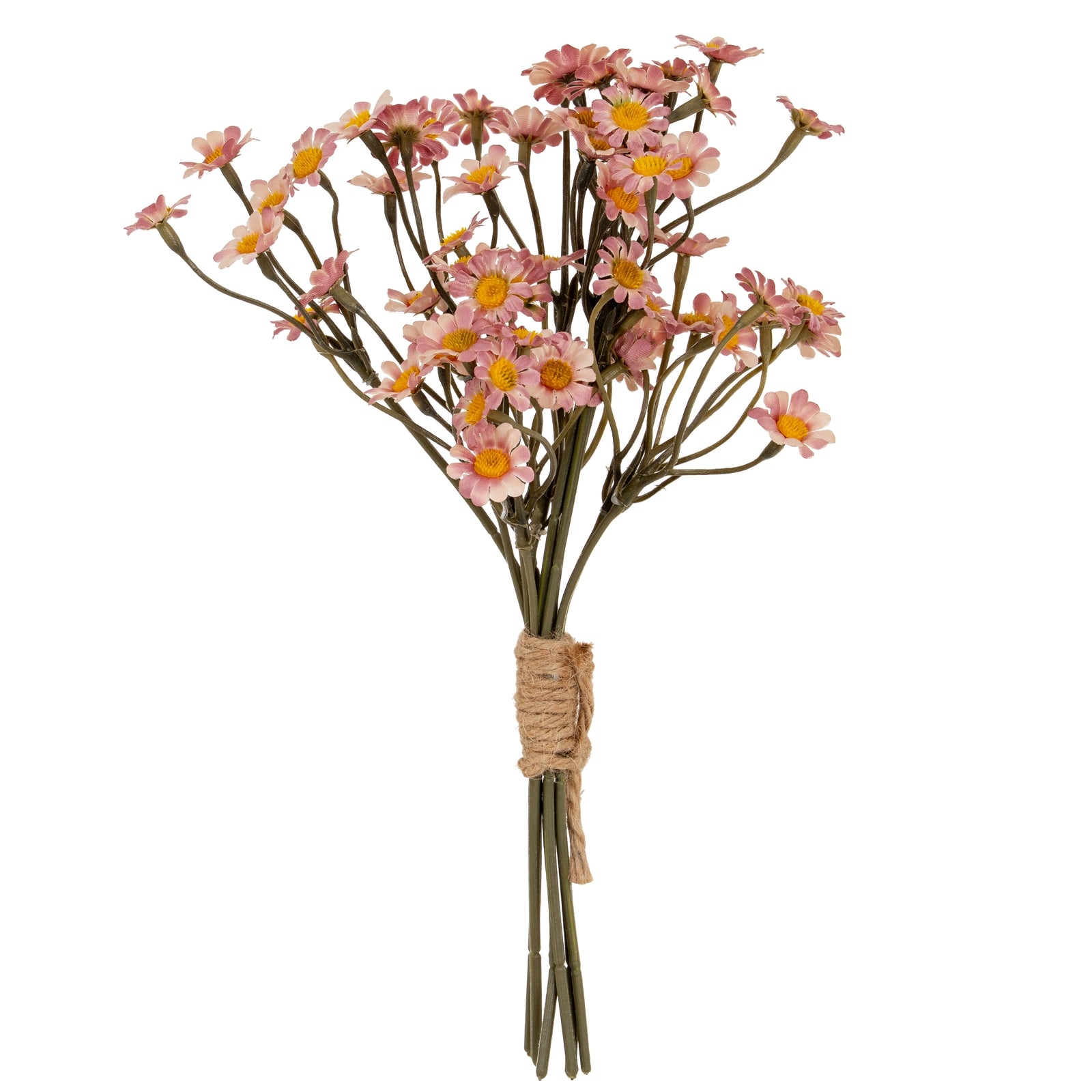 Bouquet of pink flowers tied with twine on a white background
