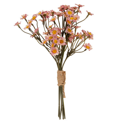 Bouquet of pink flowers tied with twine on a white background
