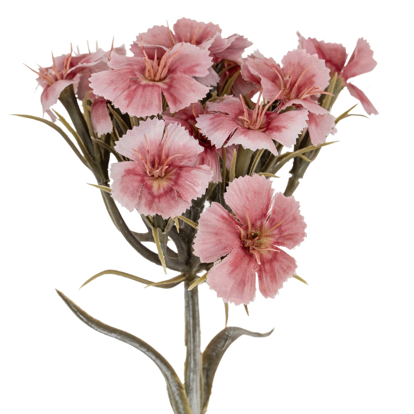 Artificial pink flowers on a white background