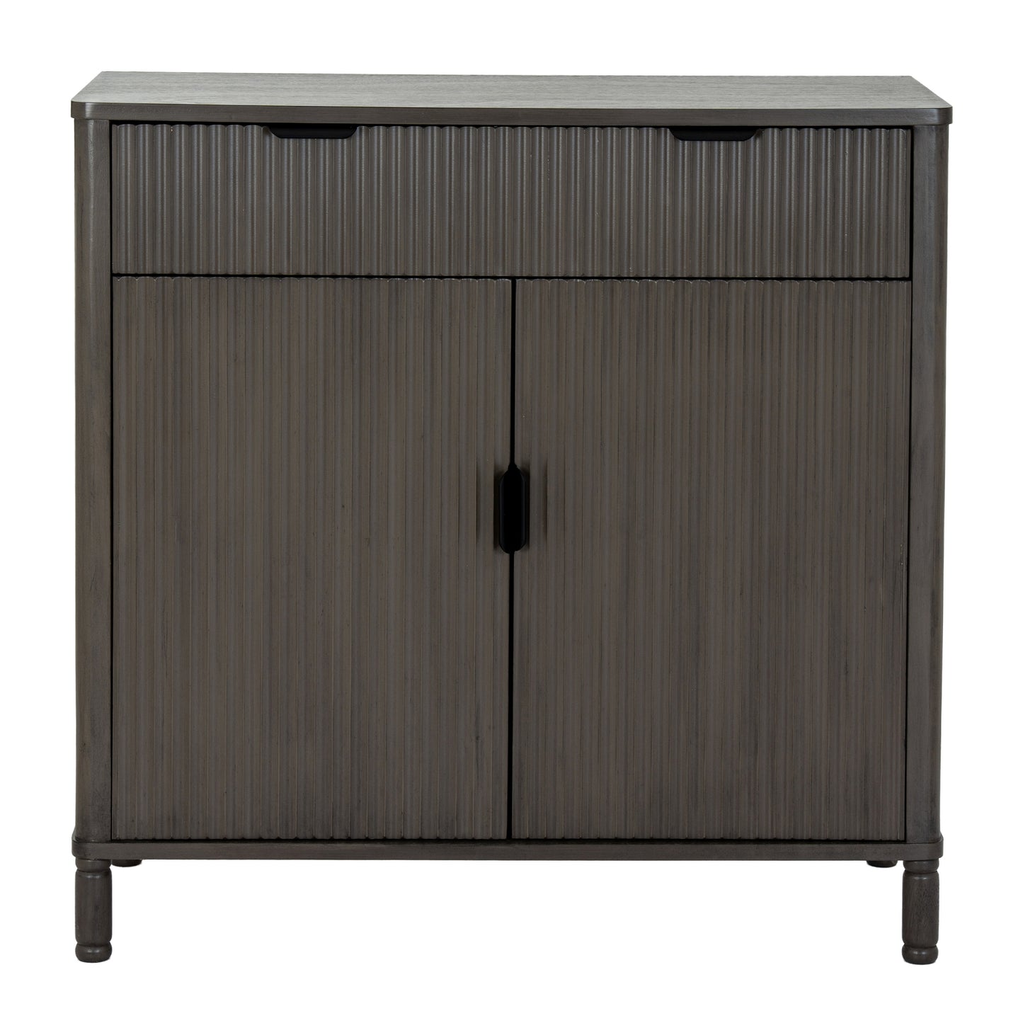 Dark wood cabinet with two doors and a top shelf on a white background