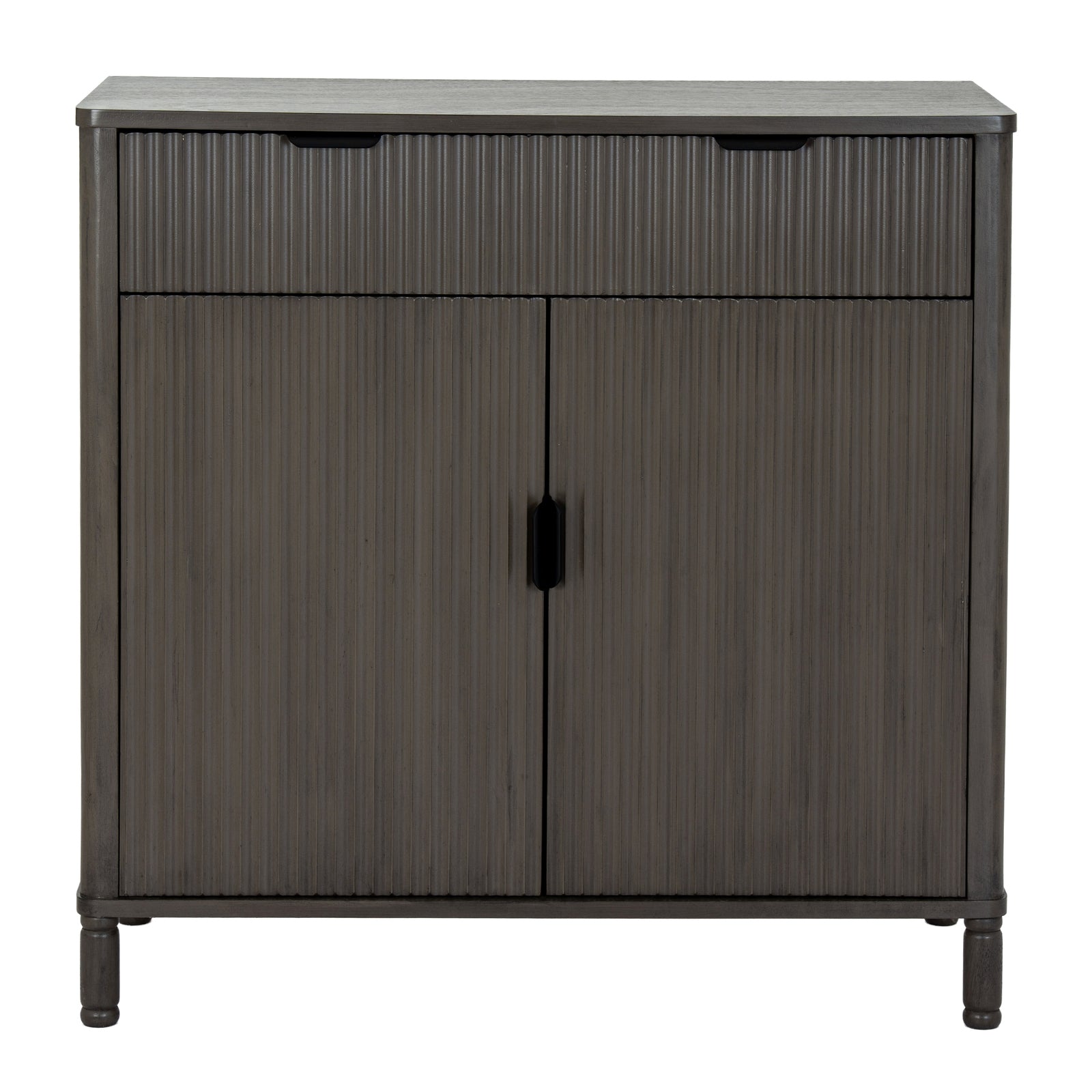 Dark wood cabinet with two doors and a top shelf on a white background