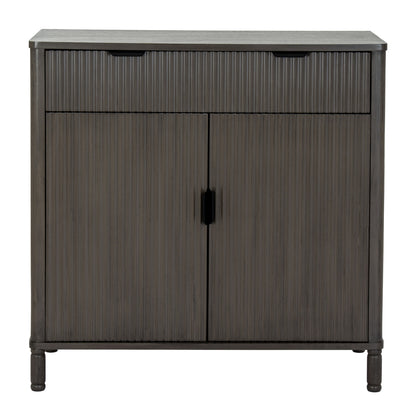 Dark wood cabinet with two doors and a top shelf on a white background