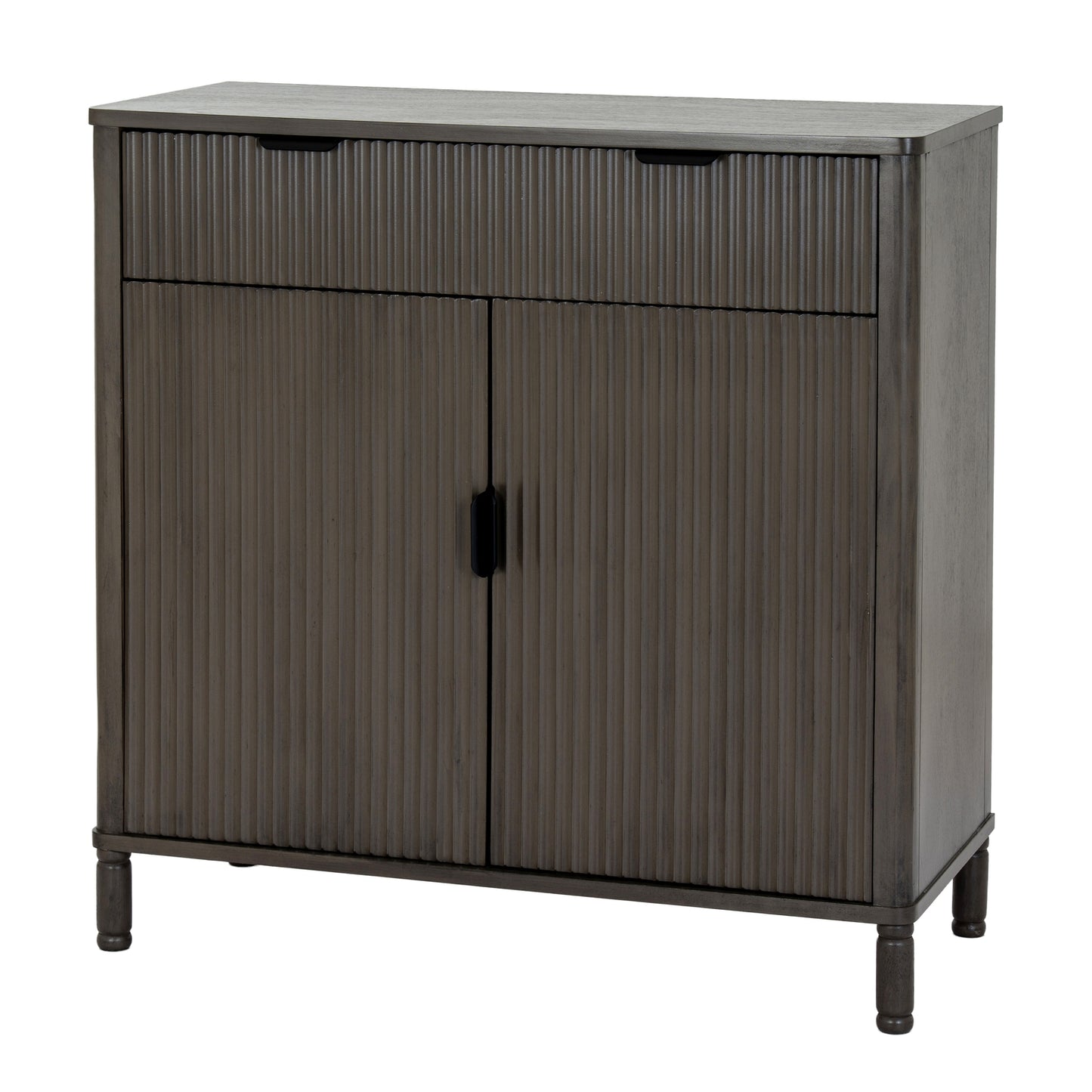 Dark wood cabinet with two doors on a white background