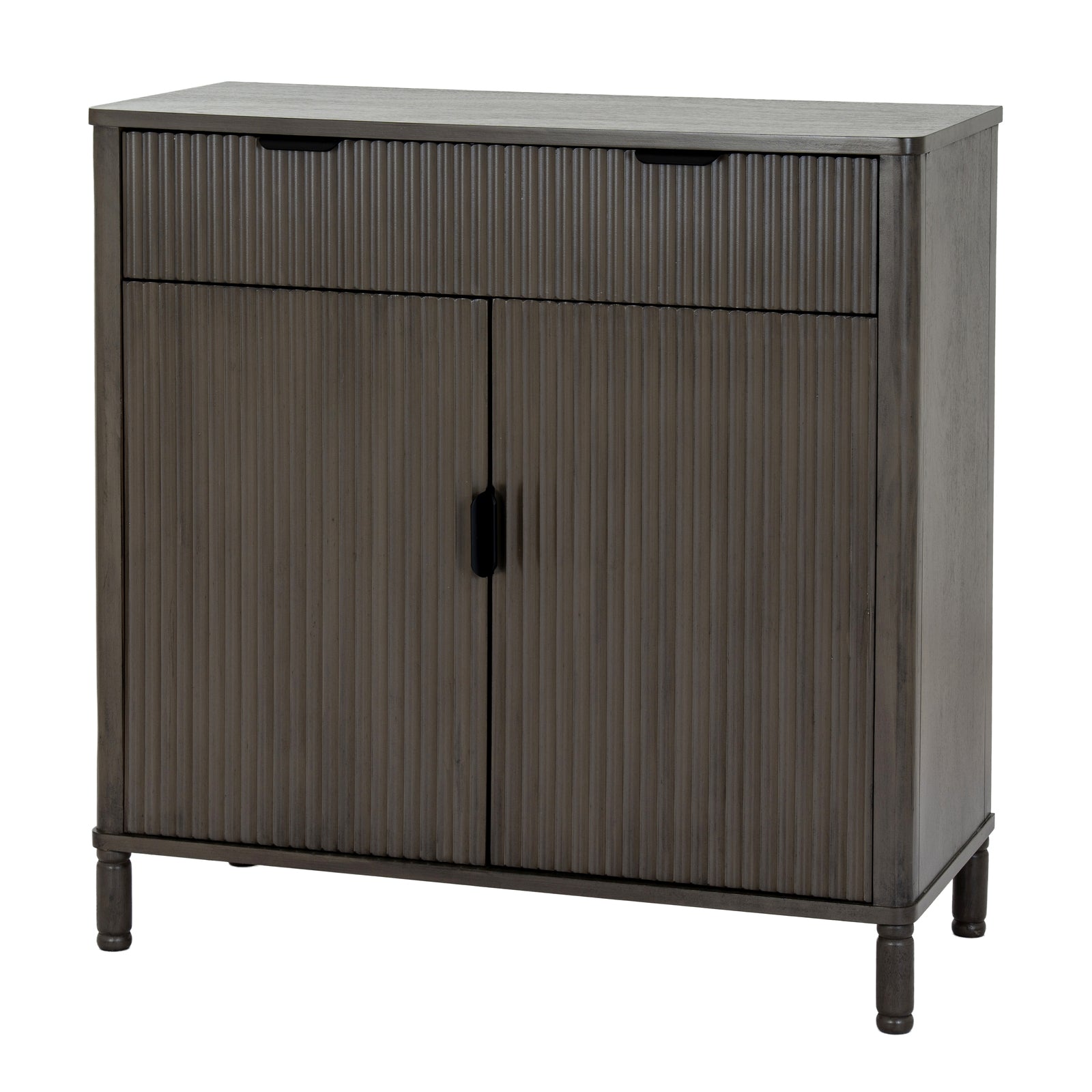 Dark wood cabinet with two doors on a white background
